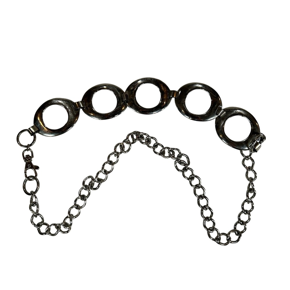 Vintage 80s 90s Silver Tone Metal O-Ring Link Chain Belt Adjustable